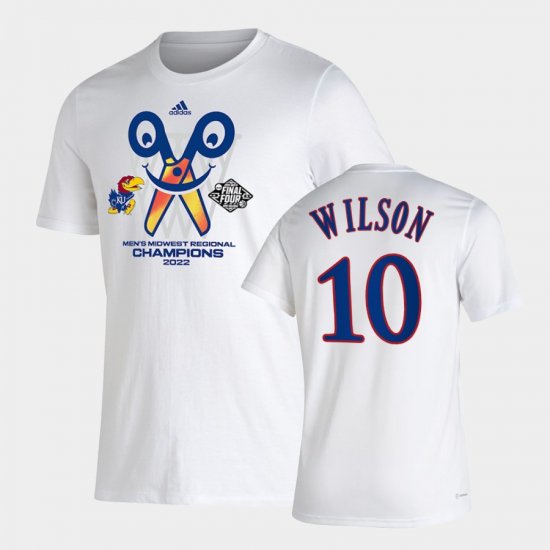 #10 Jalen Wilson March Madness Kansas Jayhawks 2022 Final Four Regional Champions Locker Room T-Shirt Mens White Jersey 344612-716