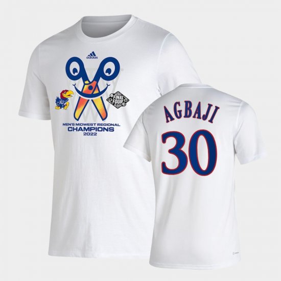 #30 Ochai Agbaji March Madness Kansas 2022 Final Four Regional Champions Locker Room T-Shirt Mens White Jersey 177163-949