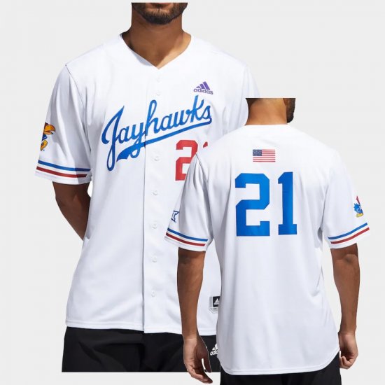 #21 College Baseball Jayhawks Button-Up Men\'s White Jersey 464349-795