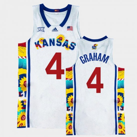 #4 Devonte\' Graham College Basketball Jayhawks Sunflower Showdown Basketball Men White Jersey 532992-482