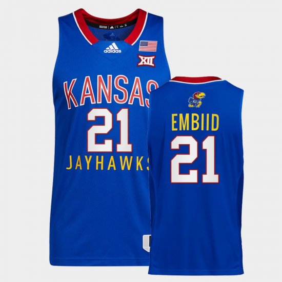 #21 Joel Embiid College Basketball Kansas Jayhawks Throwback Mens Royal Jersey 674187-711