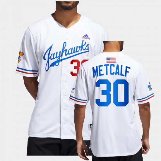 #30 Nolan Metcalf College Baseball Kansas Jayhawks 2022 Button-Up Men White Jersey 265283-865