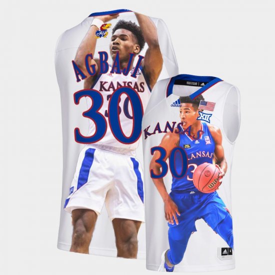 #30 Ochai Agbaji March Madness Kansas Jayhawks 2022 Highlights Fashion Edition Men\'s White Jersey 994174-498