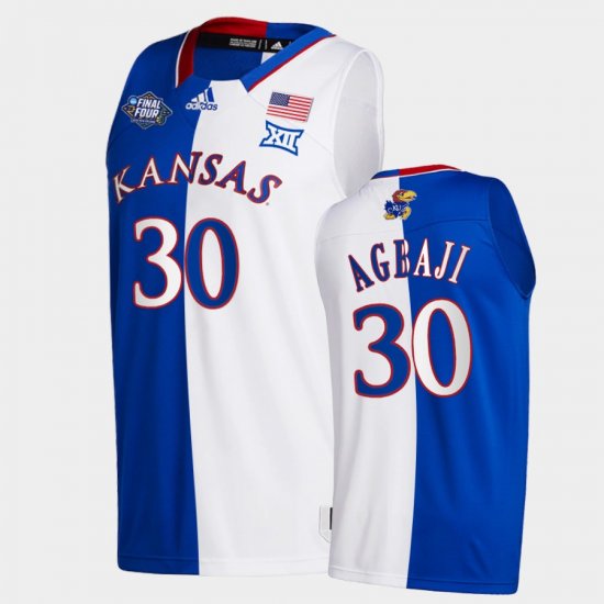 #30 Ochai Agbaji 2022 National Champions Kansas Jayhawks 2022 NCAA National Champions Split Edition Men\'s Royal White Jersey 218307-990