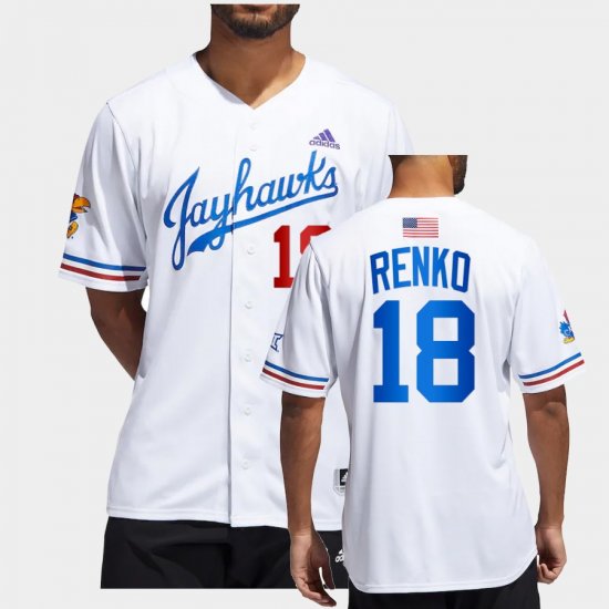 #18 Steve Renko College Baseball Kansas Jayhawks Button-Up Mens White Jersey 544898-440