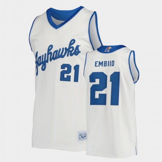 #21 Joel Embiid Commemorative Basketball Kansas Jayhawks Commemorative Classic College Men Cream Jersey 239551-888