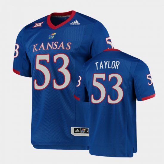 #53 Caleb Taylor Premier Jayhawks Football Men Royal Jersey 748939-353